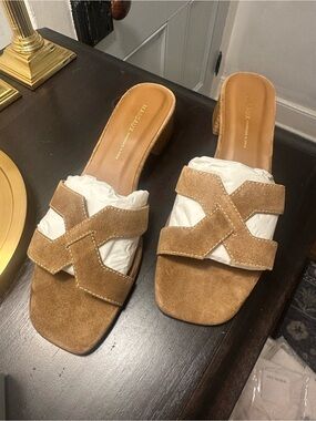 Margaux Tan Suede Crisscross Block Heel Slides